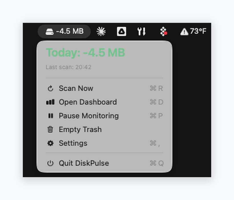 DiskPulse menu bar dropdown showing today's growth summary and quick-access commands