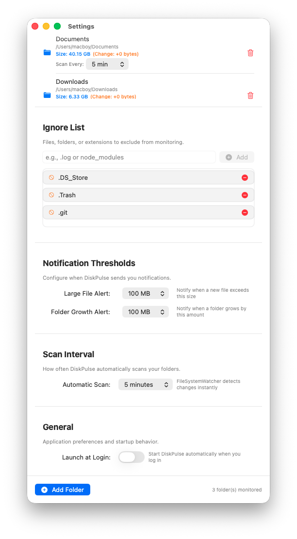 DiskPulse Settings view showing per-folder scan interval pickers, ignore list, and notification thresholds