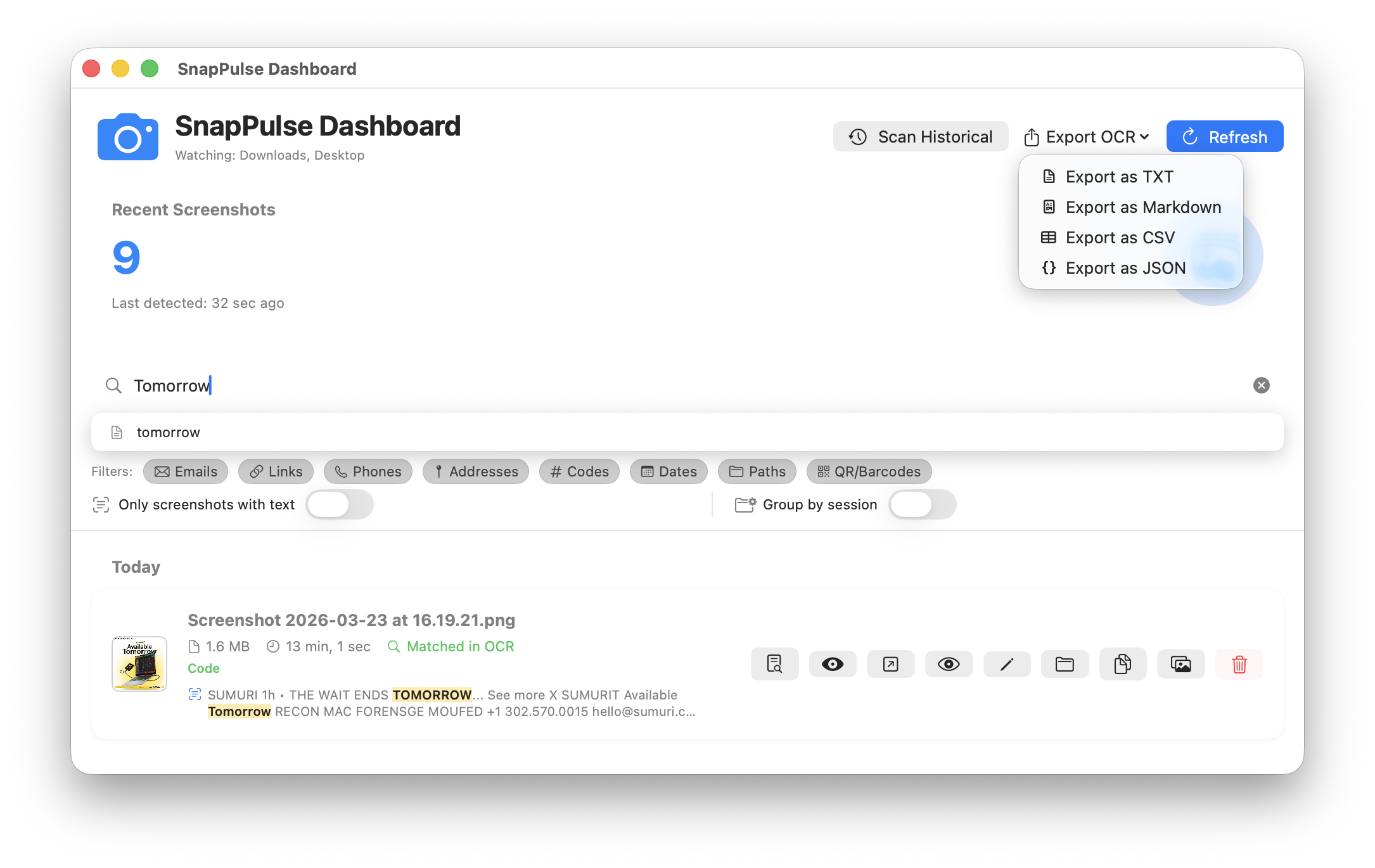 SnapPulse export dropdown showing TXT, Markdown, CSV, and JSON options