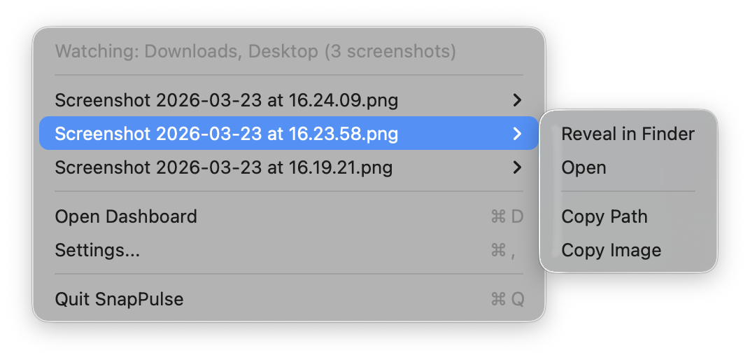 SnapPulse menu bar dropdown showing recent screenshots with quick actions