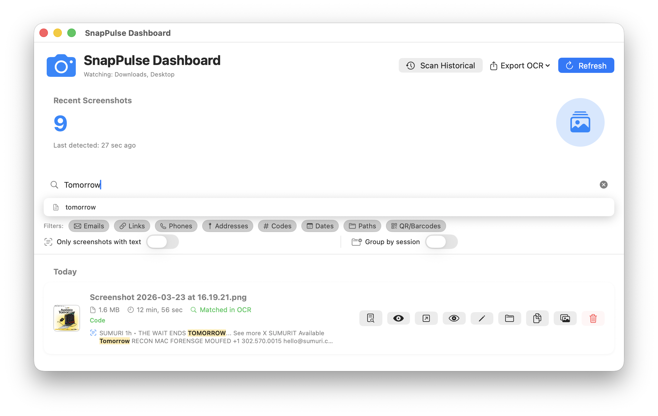 SnapPulse search highlighting matching OCR text across screenshots