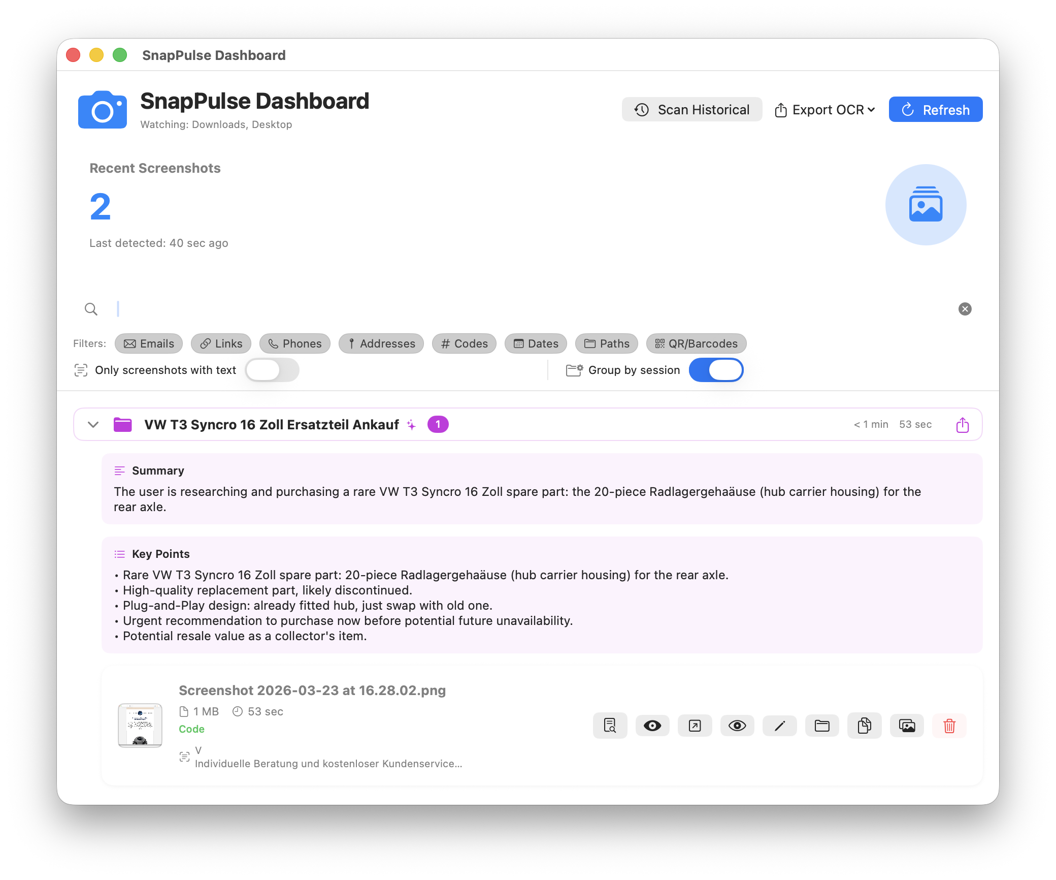 SnapPulse Dashboard showing session grouping with AI-generated summaries, entity detection badges, and smart actions