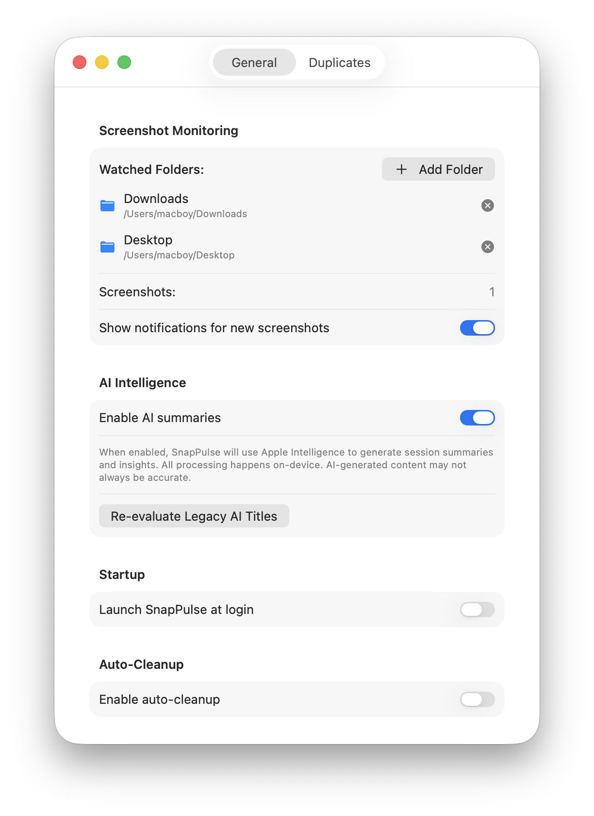 SnapPulse Settings showing watched folders, AI Intelligence toggle, and auto-cleanup options